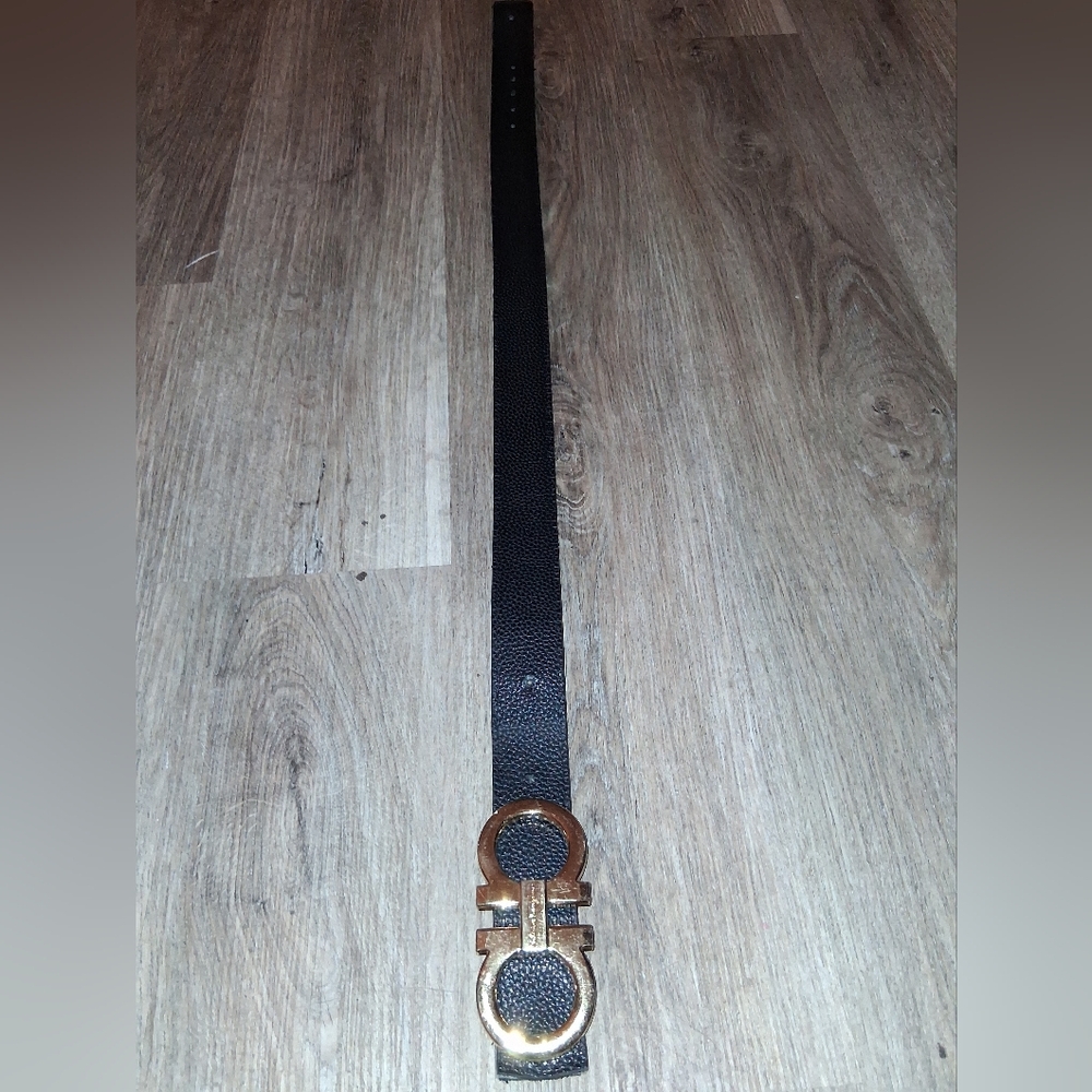 Salvatore Ferragamo Black Belt with Gold Buckle